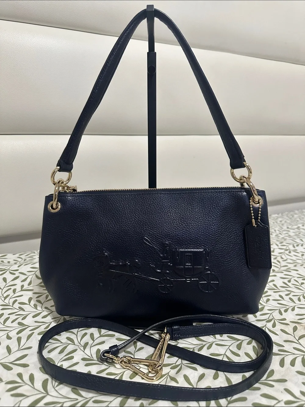 Coach Navy Pebbled Leather Shoulder Bag with Long Strap